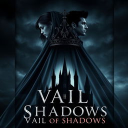 A captivating book cover for the fantasy novel 'Vail of Shadows', featuring a dark, ornate crown elegantly positioned atop a flowing veil that cascades down and wraps around the silhouette of a grand, shadowy castle