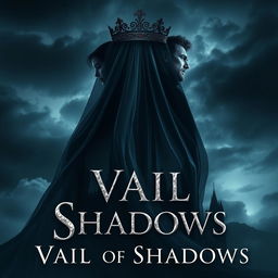 A captivating book cover for the fantasy novel 'Vail of Shadows', featuring a dark, ornate crown elegantly positioned atop a flowing veil that cascades down and wraps around the silhouette of a grand, shadowy castle