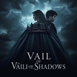 A captivating book cover for the fantasy novel 'Vail of Shadows', featuring a dark, ornate crown elegantly positioned atop a flowing veil that cascades down and wraps around the silhouette of a grand, shadowy castle
