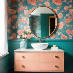 A bathroom vanity mounted on a wall, set against a backdrop of turquoise and dark salmon floral print wallpaper. A vase with assorted flowers sits on the vanity.