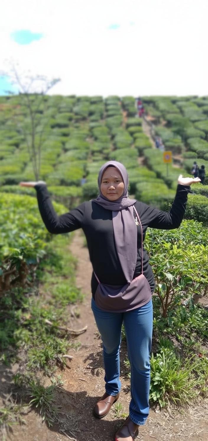 A serene landscape featuring lush green tea plantations with rolling hills, a woman standing confidently in the foreground