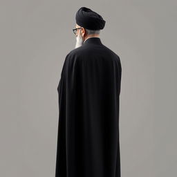A realistic back view of a distinguished male figure dressed in a flowing black cloak (abaya) and a black turban