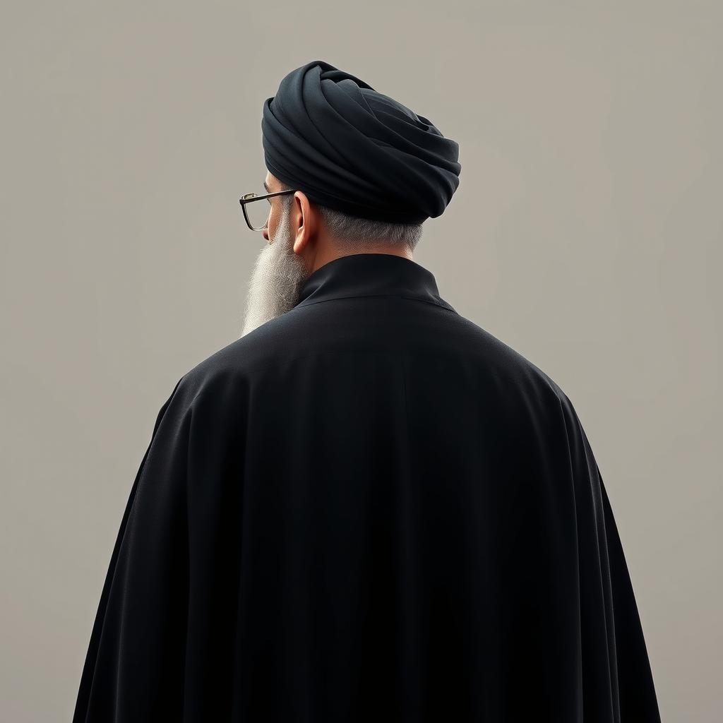 A realistic back view of a distinguished male figure dressed in a flowing black cloak (abaya) and a black turban