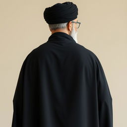 A realistic back view of a distinguished male figure dressed in a flowing black cloak (abaya) and a black turban