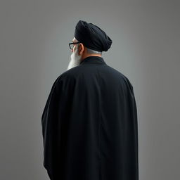 A realistic back view of a distinguished male figure dressed in a flowing black cloak (abaya) and a black turban