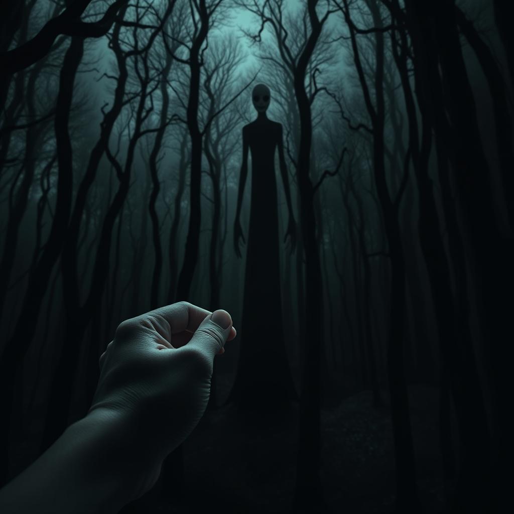 A dark and eerie forest scene, characterized by towering, twisted trees creating a sense of foreboding