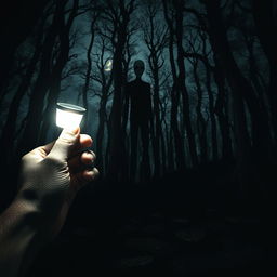 A dark and eerie forest scene, characterized by towering, twisted trees creating a sense of foreboding