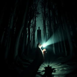 A dark and eerie forest scene, characterized by towering, twisted trees creating a sense of foreboding