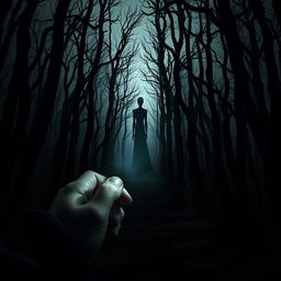 A dark and eerie forest scene, characterized by towering, twisted trees creating a sense of foreboding