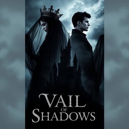 An enchanting book cover for the fantasy novel 'Vail of Shadows', featuring a dark, ornate crown majestically resting atop a flowing veil that cascades down and wraps around the silhouette of a grand, shadowy castle