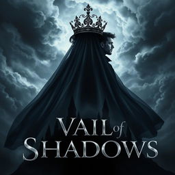 An enchanting book cover for the fantasy novel 'Vail of Shadows', featuring a dark, ornate crown majestically resting atop a flowing veil that cascades down and wraps around the silhouette of a grand, shadowy castle