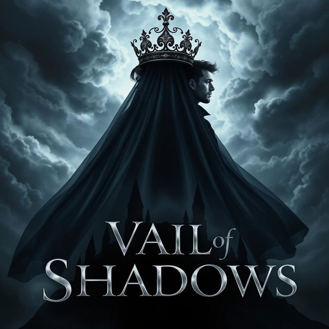 An enchanting book cover for the fantasy novel 'Vail of Shadows', featuring a dark, ornate crown majestically resting atop a flowing veil that cascades down and wraps around the silhouette of a grand, shadowy castle
