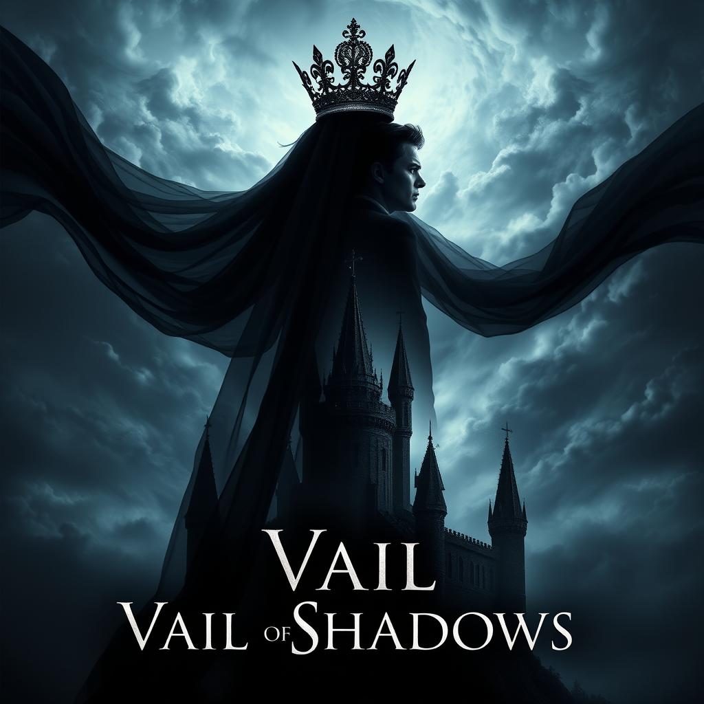 An enchanting book cover for the fantasy novel 'Vail of Shadows', featuring a dark, ornate crown majestically resting atop a flowing veil that cascades down and wraps around the silhouette of a grand, shadowy castle