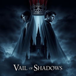 An enchanting book cover for the fantasy novel 'Vail of Shadows', featuring a dark, ornate crown majestically resting atop a flowing veil that cascades down and wraps around the silhouette of a grand, shadowy castle