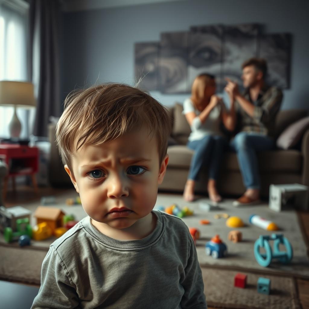 A dramatic scene depicting a child's emotional turmoil as their parents are engaged in a heated argument over divorce