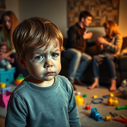 A dramatic scene depicting a child's emotional turmoil as their parents are engaged in a heated argument over divorce