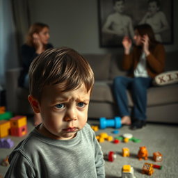 A dramatic scene depicting a child's emotional turmoil as their parents are engaged in a heated argument over divorce