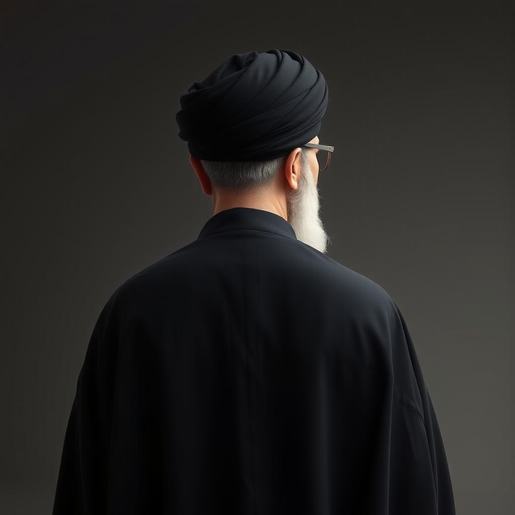 A realistic back view of a distinguished male figure dressed in a flowing black cloak (abaya) and a black turban