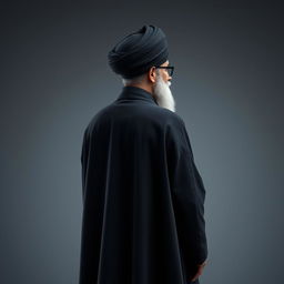 A realistic back view of a distinguished male figure dressed in a flowing black cloak (abaya) and a black turban