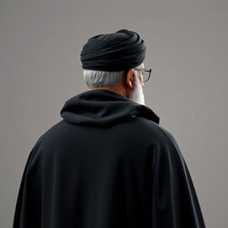 A realistic back view of a distinguished male figure dressed in a flowing black cloak (abaya) and a black turban