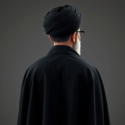 A realistic back view of a distinguished male figure dressed in a flowing black cloak (abaya) and a black turban