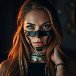 A close-up portrait of a confident, alluring adult woman wearing a sleek black leather BDSM face mask, featuring intricate buckles and eye holes that emphasize her striking features