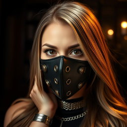 A close-up portrait of a confident, alluring adult woman wearing a sleek black leather BDSM face mask, featuring intricate buckles and eye holes that emphasize her striking features