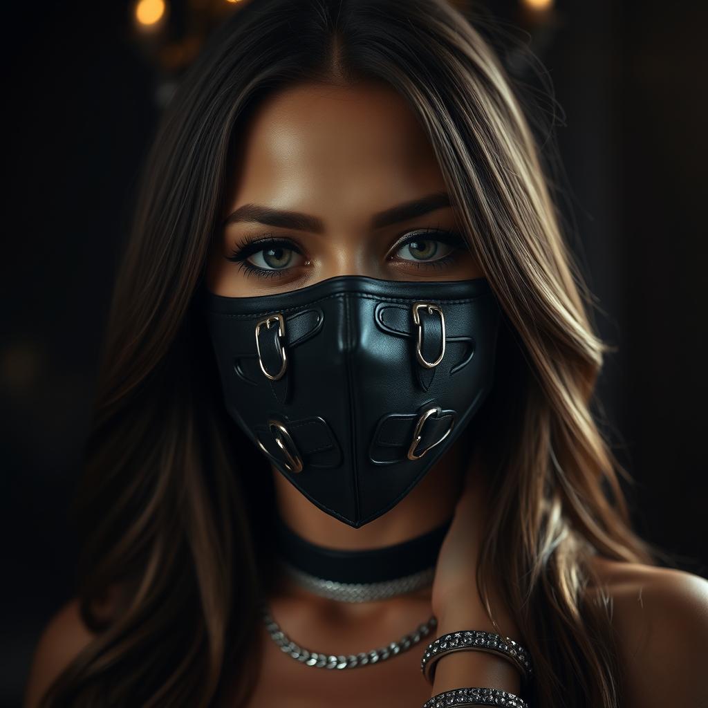 A close-up portrait of a confident, alluring adult woman wearing a sleek black leather BDSM face mask, featuring intricate buckles and eye holes that emphasize her striking features