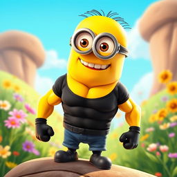 A buffed humanoid minion character, muscular and strong, wearing a fitted black shirt