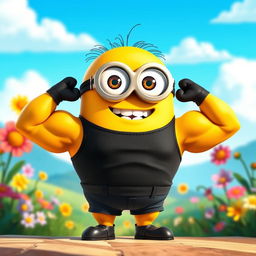A buffed humanoid minion character, muscular and strong, wearing a fitted black shirt