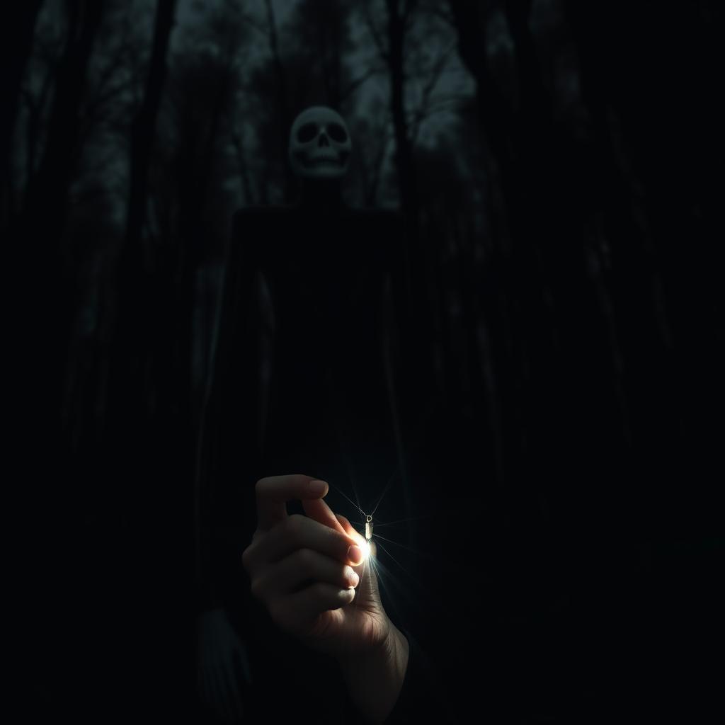 A dark and sinister forest, shrouded in deep shadows, features the tall and ominous figure of Slenderman lurking in the background