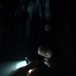 A dark and sinister forest, shrouded in deep shadows, features the tall and ominous figure of Slenderman lurking in the background