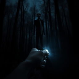 A dark and sinister forest, shrouded in deep shadows, features the tall and ominous figure of Slenderman lurking in the background