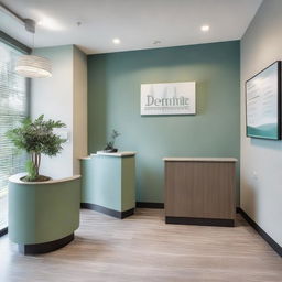 An inviting reception area of a dental clinic featuring a modern desk, comfortable seating area, soothing wall colors, tasteful art, brochure stands with informative pamphlets, and friendly, welcoming staff.