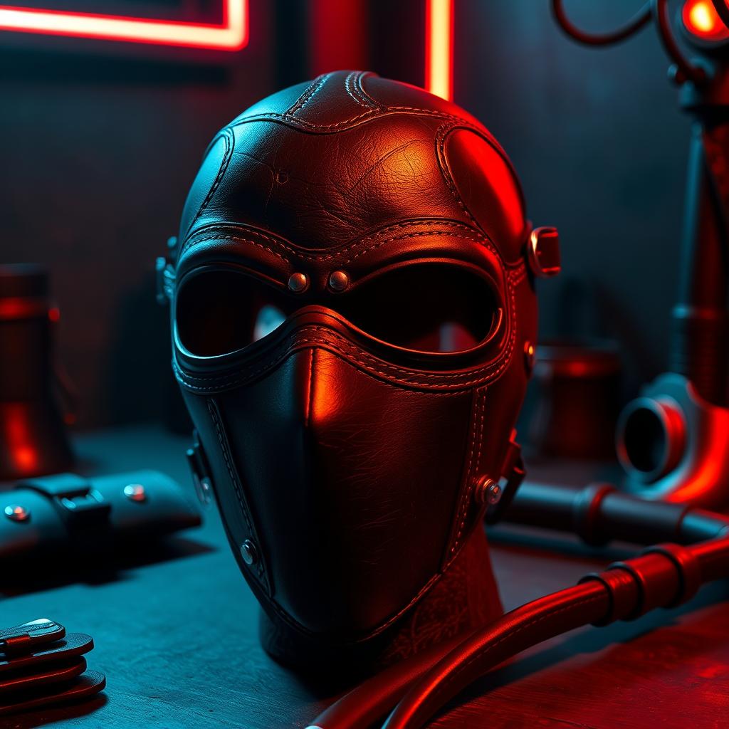 A stylish leather BDSM face mask featuring intricate stitching and a sleek design