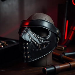 A stylish leather BDSM face mask featuring intricate stitching and a sleek design