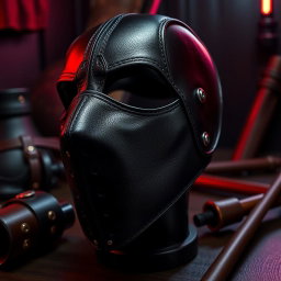 A stylish leather BDSM face mask featuring intricate stitching and a sleek design