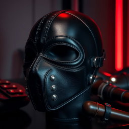 A stylish leather BDSM face mask featuring intricate stitching and a sleek design