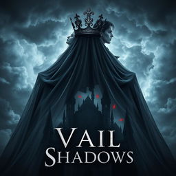 An enchanting book cover for the fantasy novel 'Vail of Shadows', featuring a dark, ornate crown majestically resting atop a flowing veil that cascades down and wraps around the silhouette of a grand, shadowy castle