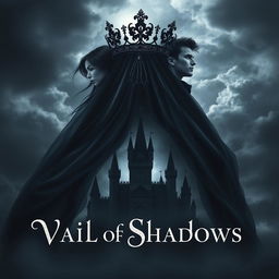 An enchanting book cover for the fantasy novel 'Vail of Shadows', featuring a dark, ornate crown majestically resting atop a flowing veil that cascades down and wraps around the silhouette of a grand, shadowy castle