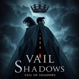 An enchanting book cover for the fantasy novel 'Vail of Shadows', featuring a dark, ornate crown majestically resting atop a flowing veil that cascades down and wraps around the silhouette of a grand, shadowy castle
