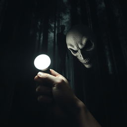 An ominous and shadowy forest scene, depicting tall, gnarled trees wrapped in darkness