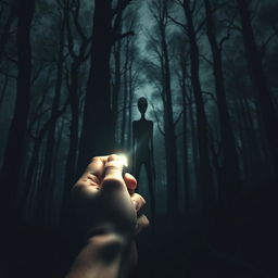 An ominous and shadowy forest scene, depicting tall, gnarled trees wrapped in darkness