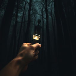 An ominous and shadowy forest scene, depicting tall, gnarled trees wrapped in darkness