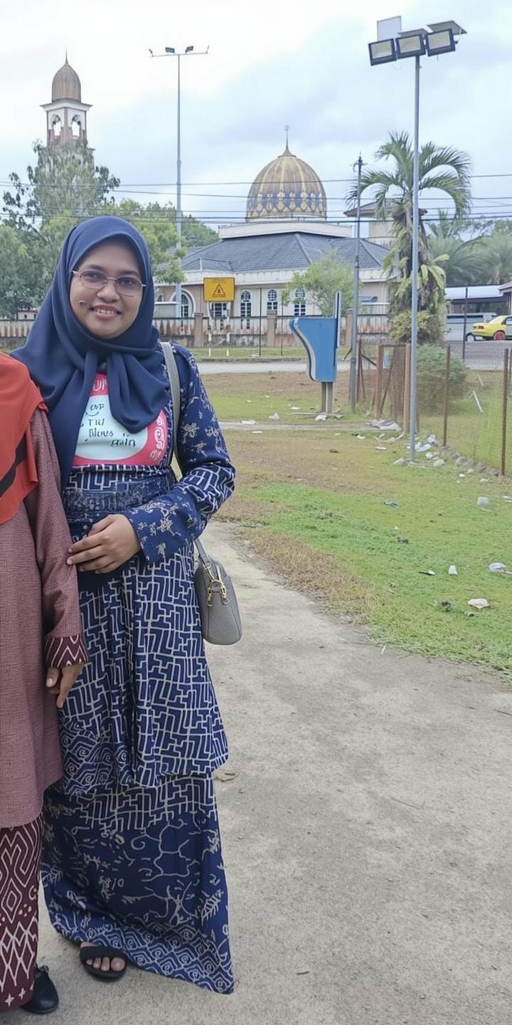 A woman wearing a traditional blue and white patterned dress and a hijab stands outdoors with a friendly smile