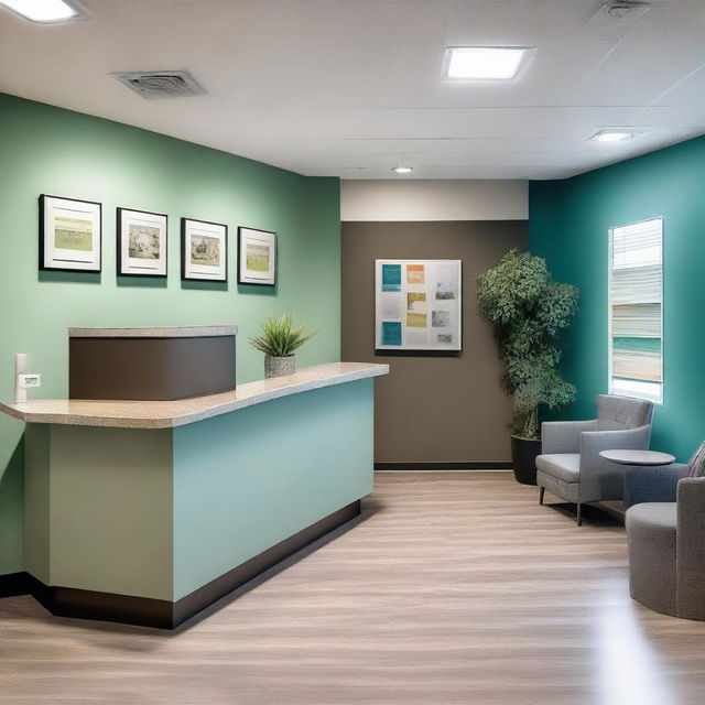 An inviting reception area of a dental clinic featuring a modern desk, comfortable seating area, soothing wall colors, tasteful art, brochure stands with informative pamphlets, and friendly, welcoming staff.