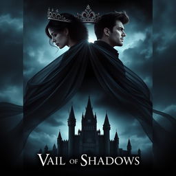 An alluring book cover for the fantasy novel 'Vail of Shadows', featuring a dark, ornate crown elegantly perched atop a flowing veil that cascades downward, wrapping around the silhouette of a grand, shadowy castle