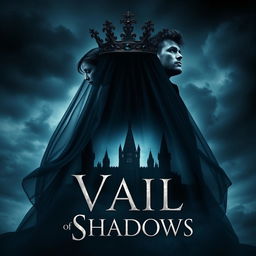 An alluring book cover for the fantasy novel 'Vail of Shadows', featuring a dark, ornate crown elegantly perched atop a flowing veil that cascades downward, wrapping around the silhouette of a grand, shadowy castle
