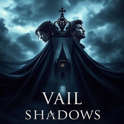 An alluring book cover for the fantasy novel 'Vail of Shadows', featuring a dark, ornate crown elegantly perched atop a flowing veil that cascades downward, wrapping around the silhouette of a grand, shadowy castle