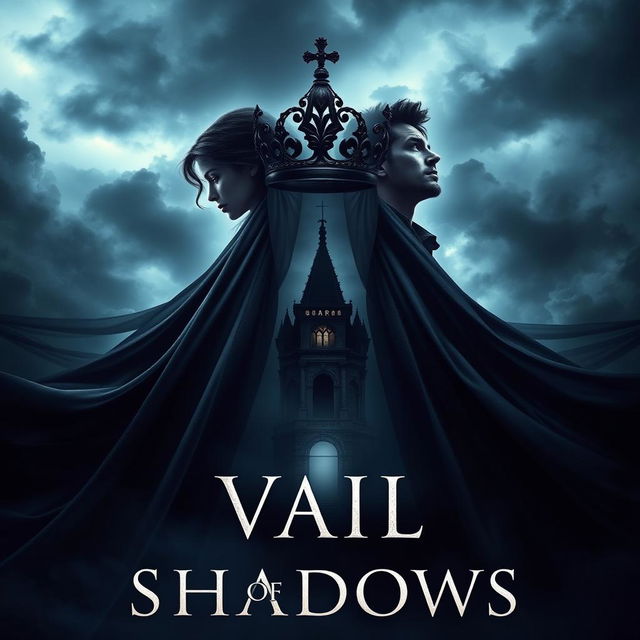 An alluring book cover for the fantasy novel 'Vail of Shadows', featuring a dark, ornate crown elegantly perched atop a flowing veil that cascades downward, wrapping around the silhouette of a grand, shadowy castle